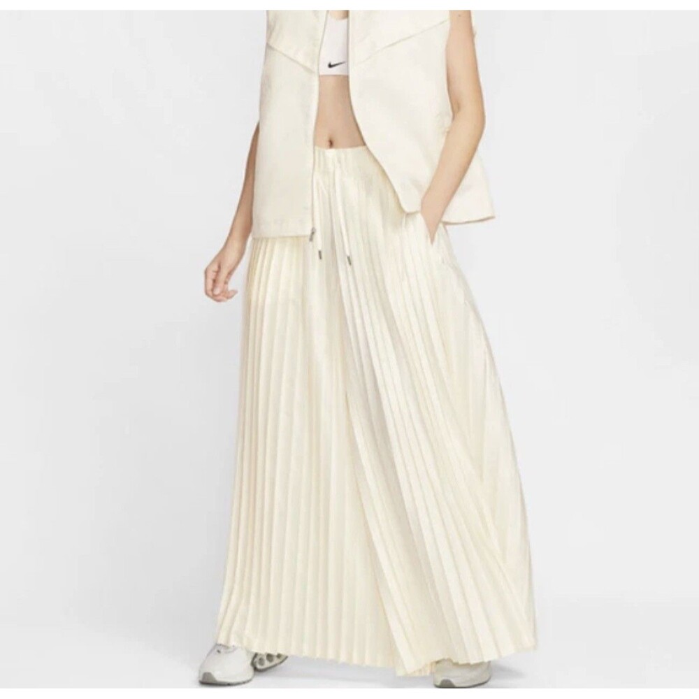 Nike Womens Mid Rise Pleated Track Pants Satin Wide Leg HJ0521 Cream NEW